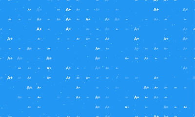 Seamless background pattern of evenly spaced white A plus symbols of different sizes and opacity. Vector illustration on blue background with stars