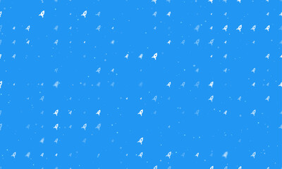 Seamless background pattern of evenly spaced white rocket symbols of different sizes and opacity. Vector illustration on blue background with stars