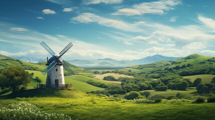 An old-fashioned windmill, standing proud against a backdrop of rolling hills and lush meadows 