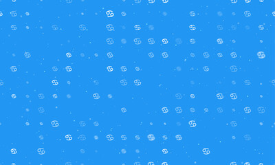 Seamless background pattern of evenly spaced white cancer zodiac symbols of different sizes and opacity. Vector illustration on blue background with stars