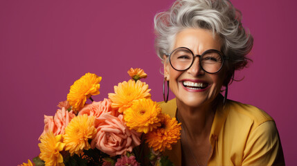 happy elderly woman holding bouquet of flowers, generative ai