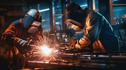 Two Metal welder working with arc welding at Industrial workshop