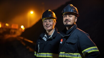 Fototapeta premium Two mine workers wearing hardhats standing in a mine