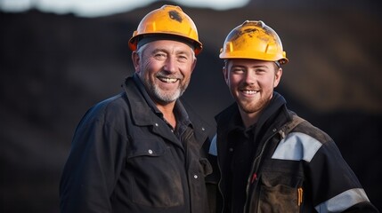 Two mine workers wearing hardhats standing in a mine