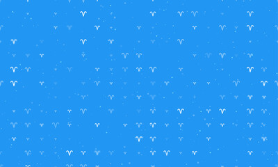 Seamless background pattern of evenly spaced white zodiac aries symbols of different sizes and opacity. Vector illustration on blue background with stars