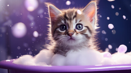 cute kitten in purple bathtub, generative ai
