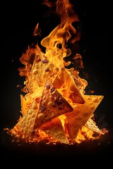 Doritos chips on fire. Hot spicy Mexican traditional snack. Generative Ai