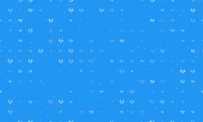 Seamless background pattern of evenly spaced white zodiac ophiuchus symbols of different sizes and opacity. Vector illustration on blue background with stars
