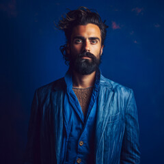 Abstract retro portrait of a young man in a stylish blue suit, against a dark blue background. This portrait reflects the blend of vintage charm and modern fashion design.