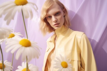 Ethereal beauty amidst daisies, blonde woman in yellow dress, portraying feminine elegance with a soft, dreamy, and whimsical presence.