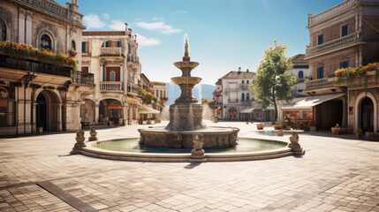 An old-fashioned town square, with a fountain in the centre and a variety of shops and restaurants - obrazy, fototapety, plakaty
