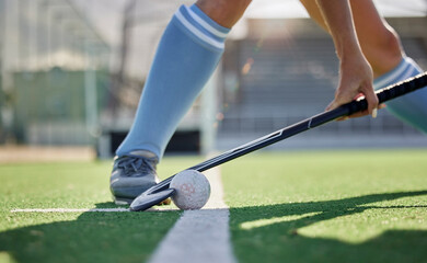 Hockey, sports and ball with a stick in the hands of a woman athlete on a pitch during a competitive game. Fitness, exercise and sport with a female hockey player playing a match on a grass court - obrazy, fototapety, plakaty