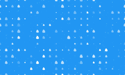 Seamless background pattern of evenly spaced white poop symbols of different sizes and opacity. Vector illustration on blue background with stars