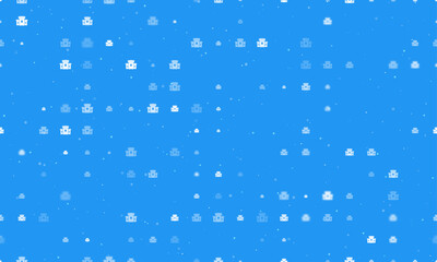 Seamless background pattern of evenly spaced white castle symbols of different sizes and opacity. Vector illustration on blue background with stars