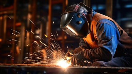 Metal welder working with arc welding at wokshop, Industrial worker is welding steel products in a factory, sparks fly