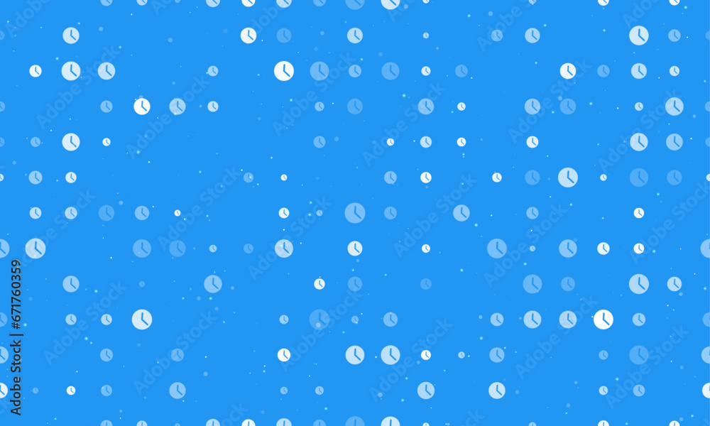 Poster seamless background pattern of evenly spaced white time symbols of different sizes and opacity. vect