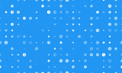 Seamless background pattern of evenly spaced white time symbols of different sizes and opacity. Vector illustration on blue background with stars