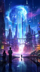 Cosmic Crystal City: A Cyberpunk Night Scene in Anime Style