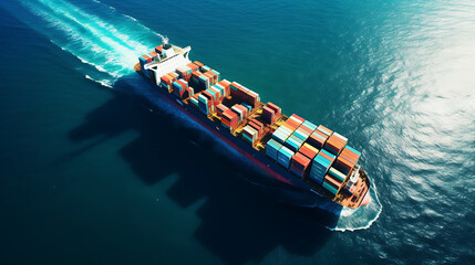 Top view of container ship at sea, sailing with cargo containers - obrazy, fototapety, plakaty