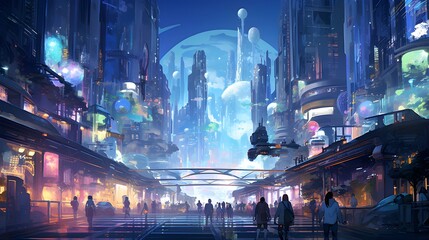 Cosmic Crystal City: A Cyberpunk Night Scene in Anime Style - obrazy, fototapety, plakaty
