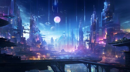 Cosmic Crystal City: A Cyberpunk Night Scene in Anime Style - obrazy, fototapety, plakaty
