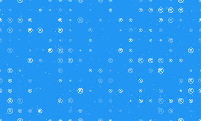 Seamless background pattern of evenly spaced white no right turn signs of different sizes and opacity. Vector illustration on blue background with stars