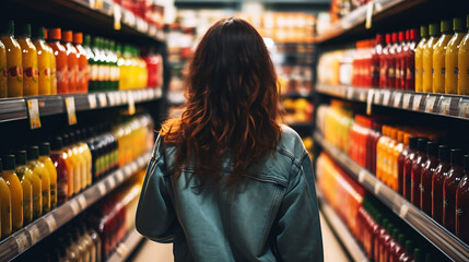 Young woman stands in front of a supermarket shelf, seen from behind - obrazy, fototapety, plakaty