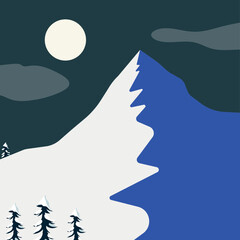 snowy mountain with spruces at night - vector illustration