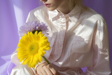 Blonde woman amidst daisies, soft ethereal portrait in purple setting, essence of spring beauty and feminine elegance captured in thoughtful serenity.