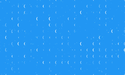 Seamless background pattern of evenly spaced white crescent symbols of different sizes and opacity. Vector illustration on blue background with stars