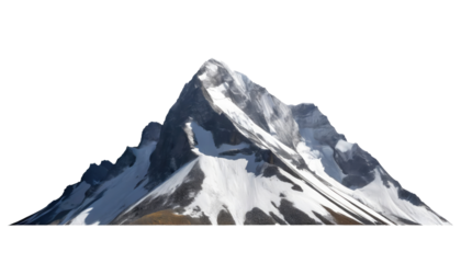 heavy rocky snow-capped mountain, isolated on a transparent background. PNG, cutout, or clipping path.