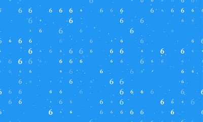 Seamless background pattern of evenly spaced white number six symbols of different sizes and opacity. Vector illustration on blue background with stars