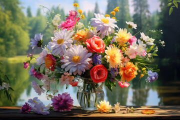 Beautiful vase with asters on the table on a beautiful nature background