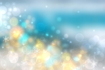 Merry Christmas and Happy New Year card background texture design with abstract bokeh lighted stars at tropical ocean or sea background. Copy space.
