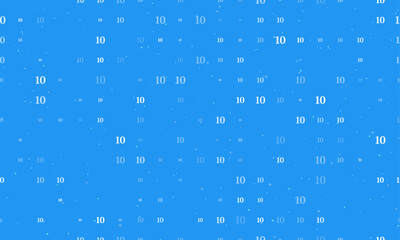 Seamless background pattern of evenly spaced white number ten symbols of different sizes and opacity. Vector illustration on blue background with stars