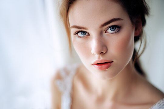 portrait en gros plan d'une jeune femme rousse aux yeux bleus, tr&egrave;s belle, photo high-key
