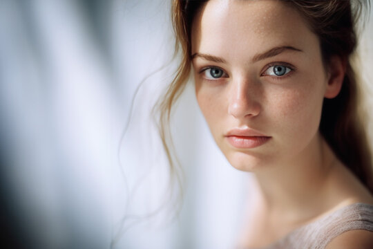 portrait en gros plan d'une jeune femme rousse aux yeux bleus, très belle, photo high-key