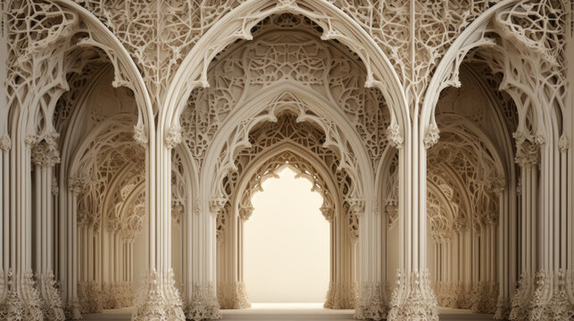 An intricately designed archway of ivory columns and intricate latticework creating an air of mystery
