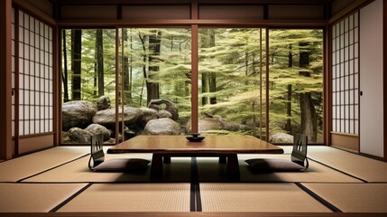 A minimalist Japanese tea room, punctuated by tatami mats, low tables, and sliding shoji doors. - obrazy, fototapety, plakaty