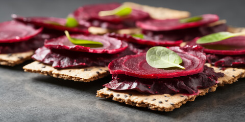 Fototapeta na wymiar Baked beet slices. Healthy chips out of beets. Sweet and crunchy purple sweet beet chips