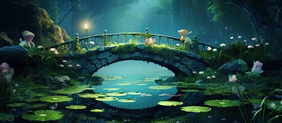 Magical forest with water lilies animals on a bridge blurred depth for a perfect backdrop