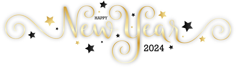 HAPPY NEW YEAR 2004 metallic gold brush calligraphy banner with black and gold stars on transparent background