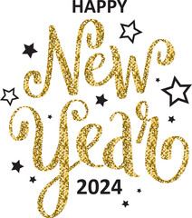 HAPPY NEW YEAR 2004 gold glitter and black brush calligraphy banner with stars on transparent background
