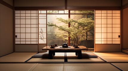 A minimalist Japanese tea room, punctuated by tatami mats, low tables, and sliding shoji doors.