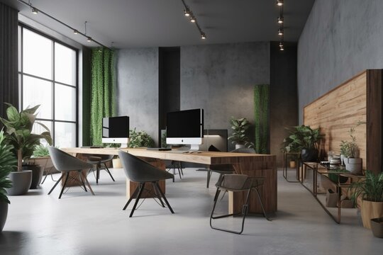 Modern open space office with eco-style interior design, featuring grey tables and chairs, wooden decor wall, and concrete floor. Generative AI