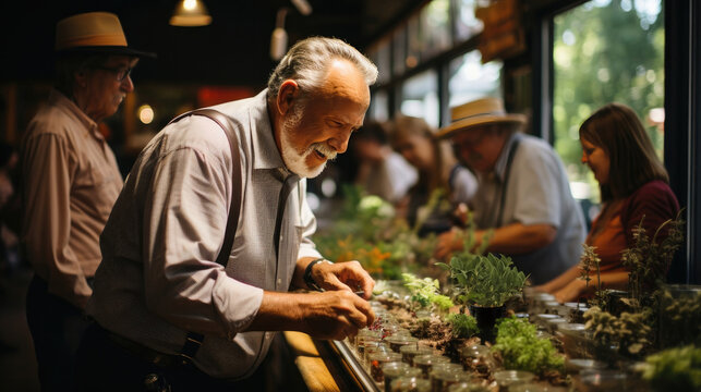 Elderly individuals gardening together in a workshop setting