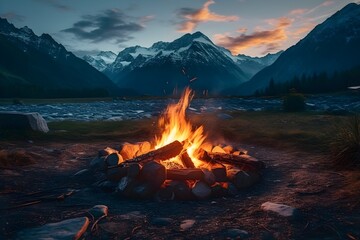 a campfire in a rocky area with mountains in the background - Powered by Adobe