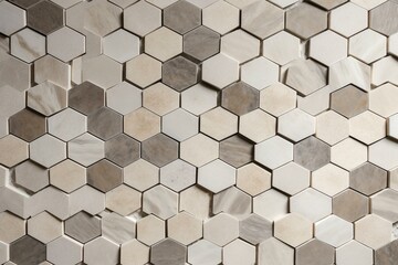 Arrangement of polished, hexagonal stone mosaic tiles forming a 3D block background in a wall shape. Generative AI