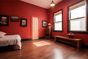 Neat room with polished floor, red wall, and covered window. A staged scene. Generative AI