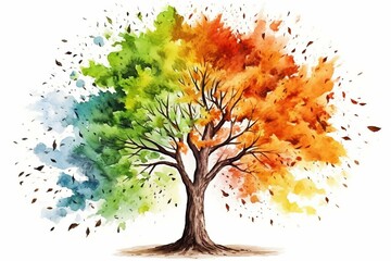 Watercolor tree illustration isolated on white background with binary elements. Includes wind, apple, oak, maple, poplar in summer. Generative AI - obrazy, fototapety, plakaty